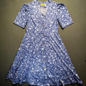 Victoria Harbor Women‎ Dress Blue Floral Jersey Knit M Cottagecore Vintage Style